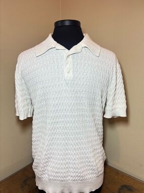 Thom Aaron Men's White Textured Knit Polo Shirt Sweater, large, unisex